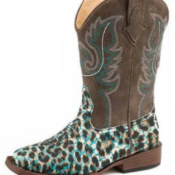 Roper Kid's Leopard Turquoise Glitter Square Toe Boots