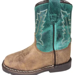 Toddler Brown Leather Green Top Square Toe Boots