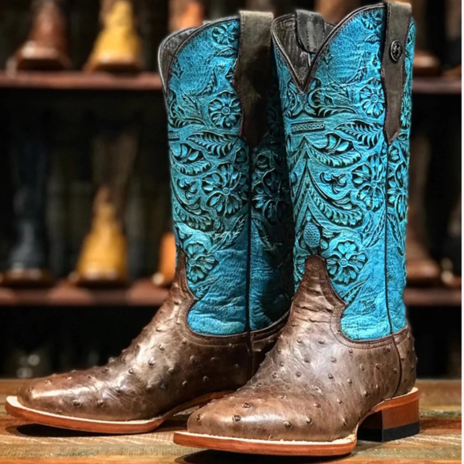 Tanner Mark Ladies Brown Ostrich With Turquoise Tooling Square Toe Boots