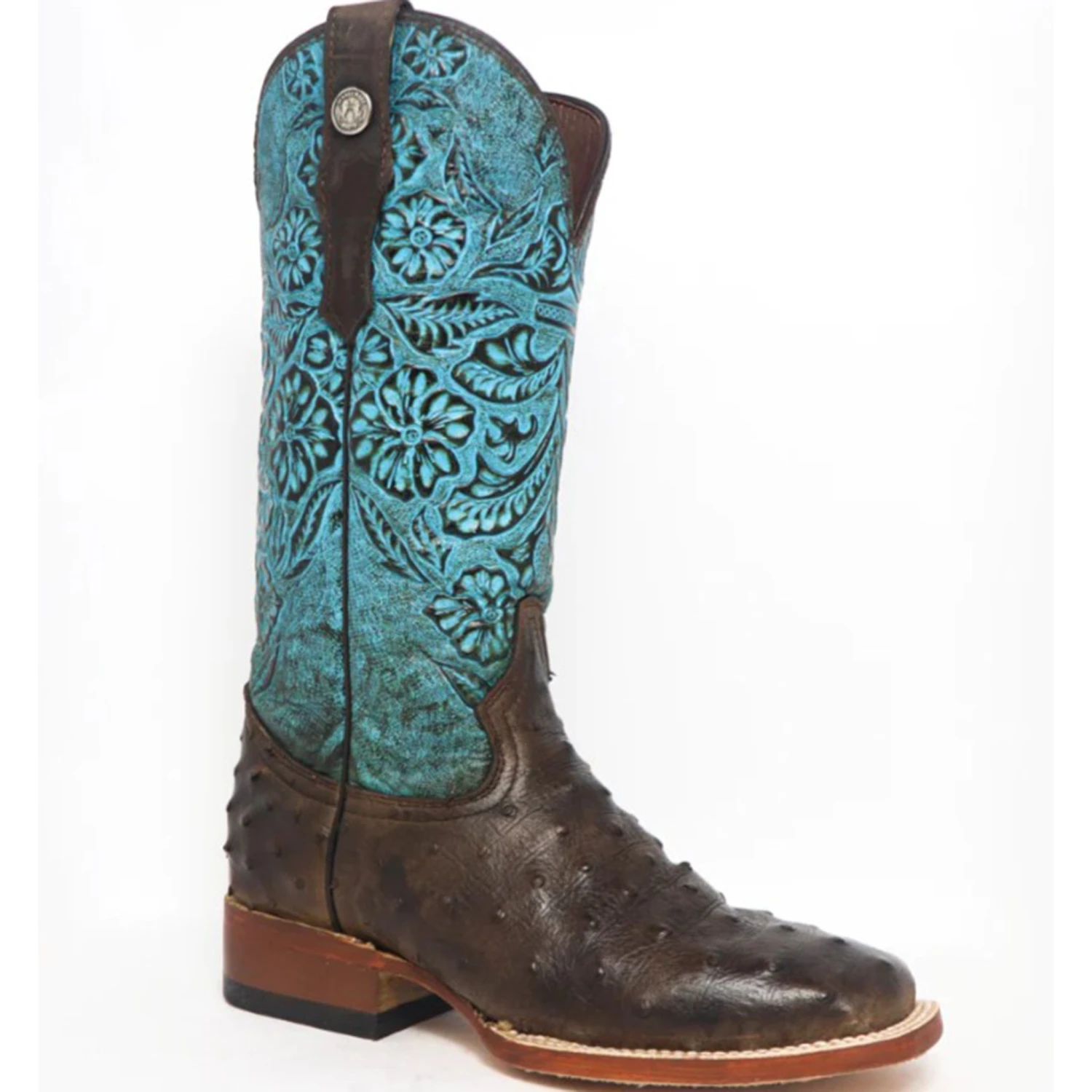 Tanner Mark Ladies Brown Ostrich With Turquoise Tooling Square Toe Boots - Image 2