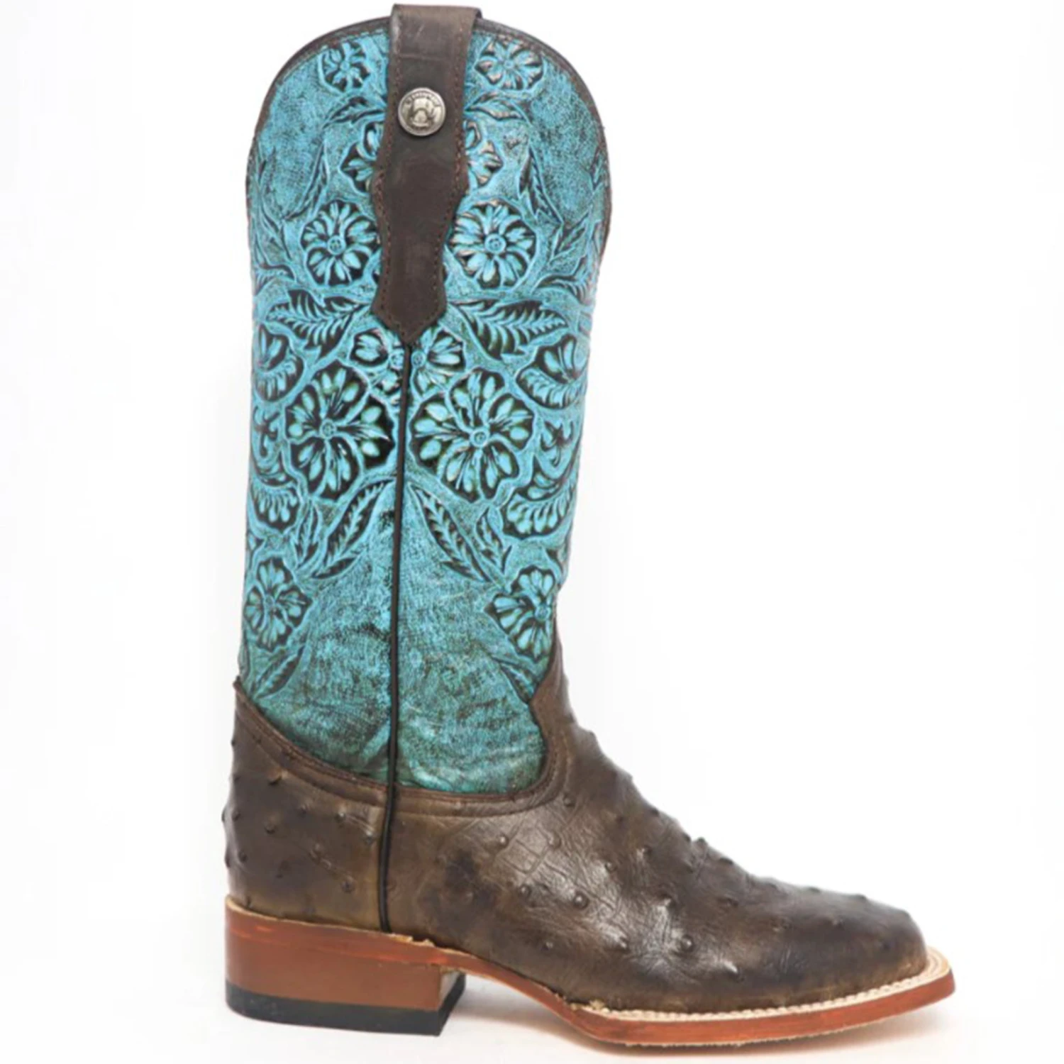 Tanner Mark Ladies Brown Ostrich With Turquoise Tooling Square Toe Boots - Image 3