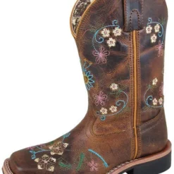 Kid's Brown Floral Stitched Square Toe Boots